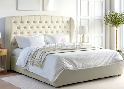 Upholstered King Size Bed with Tufted Headboard - Cream