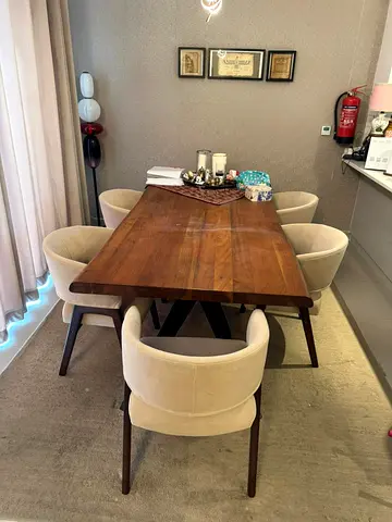 Solid Wood Dining Table with 6 Upholstered Chairs - Good Condition