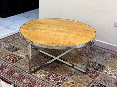 Round Wooden Top Coffee Table with Stainless Steel Base