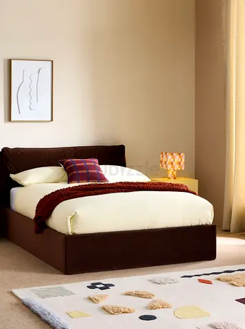 Brown upholstered platform bed with storage-style base, queen size