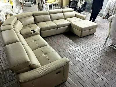 Large L-shaped Leather Recliner Sofa with Ottoman and Cup Holders