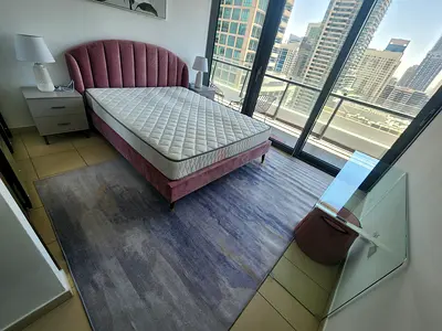 Pink Velvet Double Bed with Mattress, Ottoman and 2 night stands - Excellent Condition