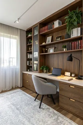 Wooden Built-in Home Office Desk with Shelving Unit and Drawers