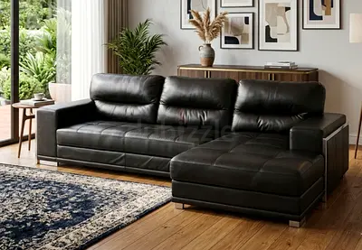 Dark Black Leather L-Shaped Sofa with Chaise — Good Condition