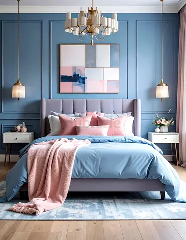 Modern Upholstered Double Bed with Headboard in Blue  Pink Bedding
