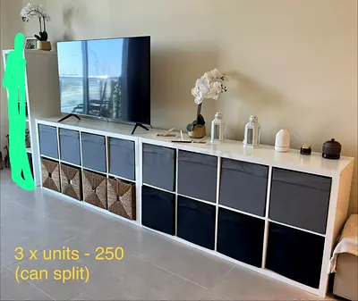 IKEA KALLAX-style storage units x2with fabric bins - white (can split)