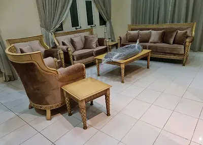 Awesome Velvet 7 Seater Sofa Set with Wooden Tables Set ( 1 Coffee Table and 2 Side Tables )