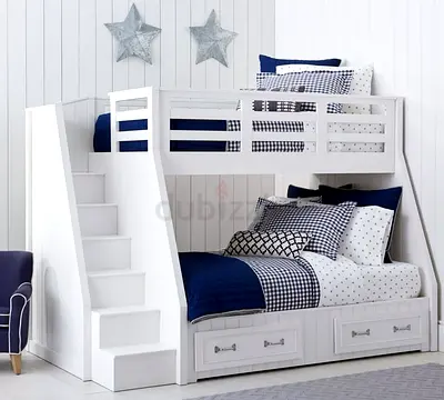 White Wooden Twin-Over-Twin Bunk Bed with Stairs and Storage
