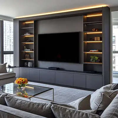 Modern Built-in Entertainment Unit with Shelving and LED Lighting