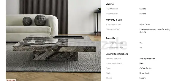 Modern Marble Coffee Table - Square, Urban Loft Style
