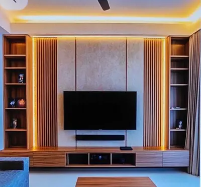 Modern built-in entertainment wall unit with LED lighting and shelving