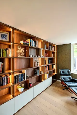 Large Custom Wooden Bookcase with Lower Cabinets - Modern Built-in Shelving