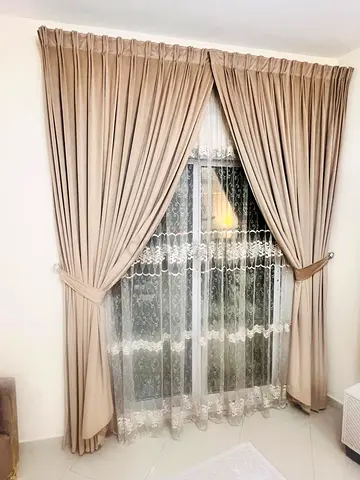 Beige Full-Length Curtains with Sheer Lace Inner Layer - Set of 2 Panels