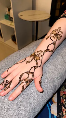 Fresh floral henna (mehndi) design on hand — ready to wear for events