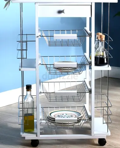 White Kitchen Rolling Cart with Wire Baskets and Spice Racks