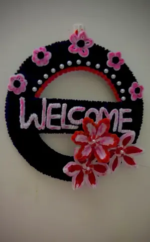 Handmade Felt Welcome Door Wreath - Pink  Black