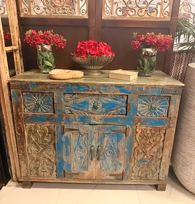 Hand-carved Rustic Blue Wooden Sideboard / Console Cabinet