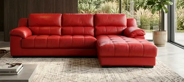 Red L-shaped Leather Corner Sofa with Chaise — Good Condition