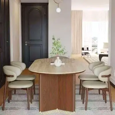 Solid Wood Dining Table with 6 Upholstered Chairs - Modern Minimalist Set