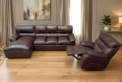 Brown Leather L-Shaped Sofa with Recliner Chair - Good Condition