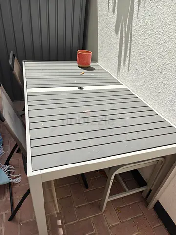 Outdoor dining table - grey slatted top, good condition, IKEA - with matching bench