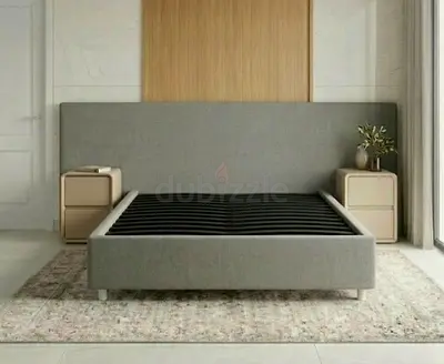 Gray Fabric Double Bed Frame with Headboard (Modern)