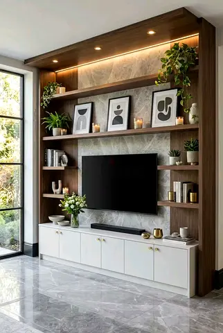 Modern TV entertainment center with built-in shelving and LED lighting