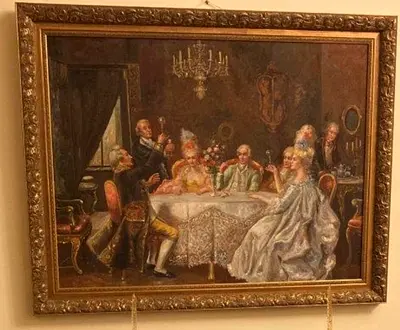 3 Framed Classic Oil-Style Painting of Elegant 18th Century Dinner Scene, hall scene 140Wx 110H