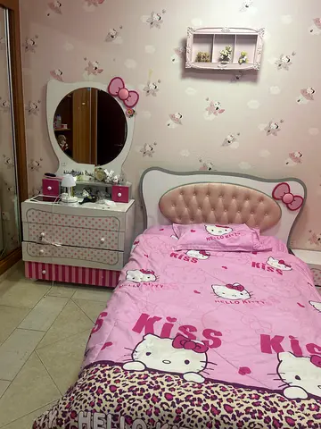 Hello Kitty Themed Single Bed with Wardrobe, Vanity, Desk, Bedside Table, Curtains, Chair, Mirror