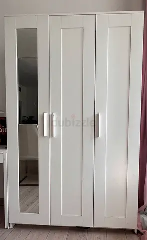 White 3-Door Wardrobe with Mirror - Good Condition
