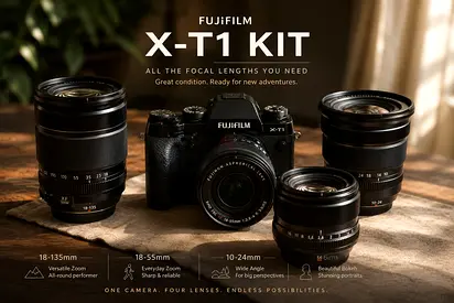 Fujifilm X-T1 Mirrorless Camera Kit with Multiple Fujinon Lenses (18-135, 18-55, 10-24, 56mm)