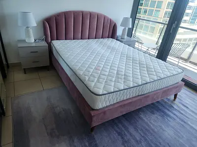 Pink Velvet Queen size Bed with Mattress, Ottoman and 2 night stands - Excellent Condition