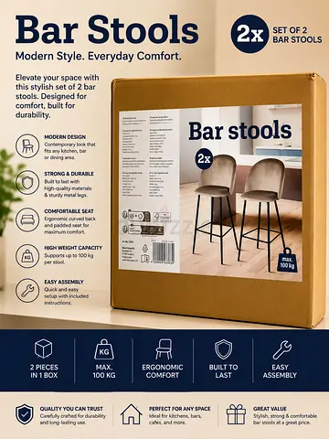 Modern Bar Stools Set of 2 with Metal Legs