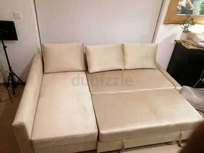 Beige Velvet Sofa Bed - 3 Seater Converts to Bed, Good Condition