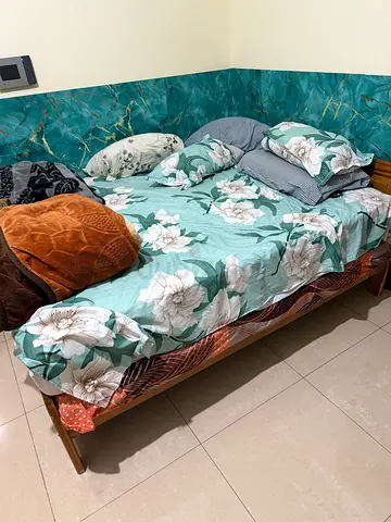 Good condition Wooden Queen bed with spring type mattress