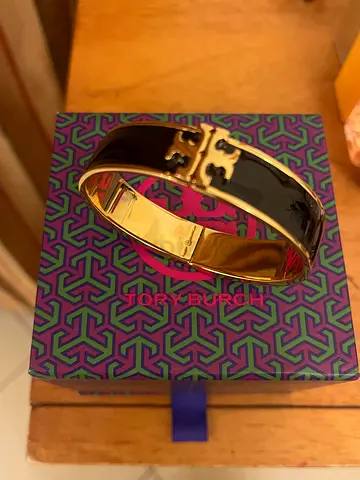 Gold-tone Black Enamel Logo Bangle Bracelet (Pre-owned)