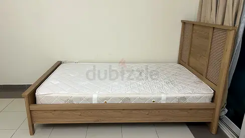 Single wooden bed frame with mattress - light oak, good condition