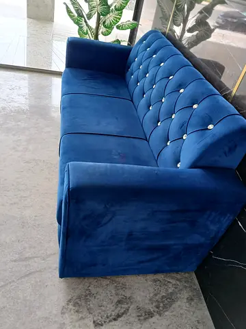 Blue Velvet 3-Seater Sofa with Button-Tufted Back