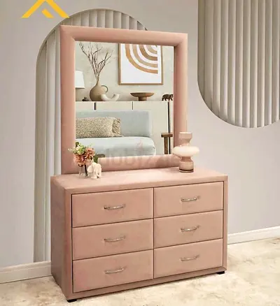 Plush Pink 6-Drawer Dresser with Large Framed Mirror