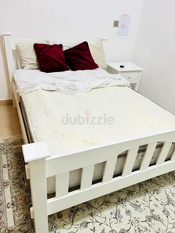 Pottery barn White Wooden Double Bed Frame with Nightstand - Good Condition
