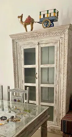 Marina Whitewashed Carved Glass-Front Cabinet — Rustic Display Cupboard