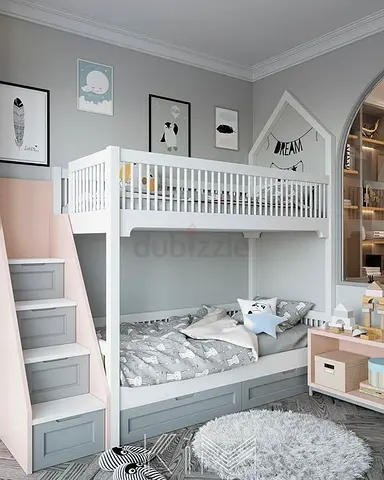 White Wooden Bunk Bed with Storage and Staircase - Kids