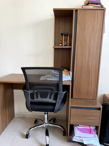 Wooden Study Desk with Overhead Storage and Rolling Drawer - Good Condition with office chair