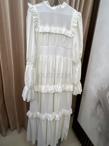 White Ruffled Long Sleeve Midi Dress - Good Condition