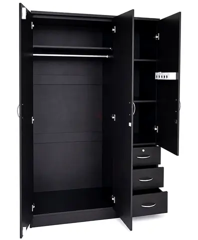 Black 3-Door Wardrobe with Drawers and Shelves - Good Condition
