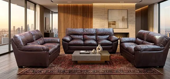 Genuine Leather 3-Seater Sofa + 2 Matching Armchairs - Dark Brown Set