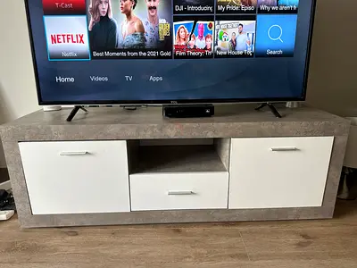 Low-profile TV Entertainment Unit with Storage - Concrete Finish  White Fronts