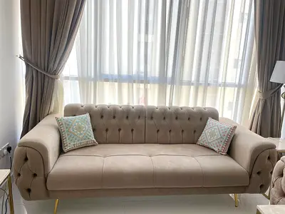 Beige Tufted Two 3-Seater Sofa with Gold Legs