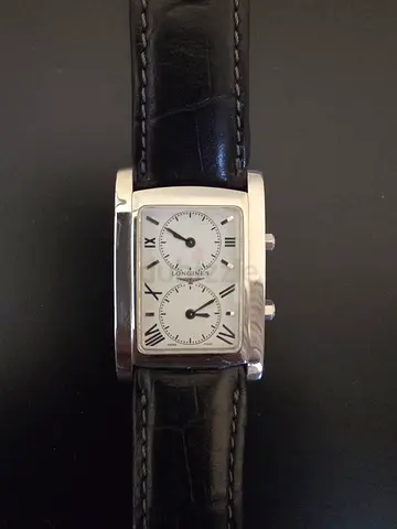 Longines DolceVita dual time zone quartz Rectangular Men or Women Black Leather Strap Watch