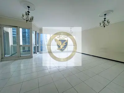 Stunning sea view with a balcony overlooking Al Majaz Corniche. Three-bedroom apartment with a living room, including a master bedroom, maid’s room,